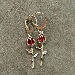 NEW Handmade Gold-Tone Red Rose Drop Earrings - Women Jewelry